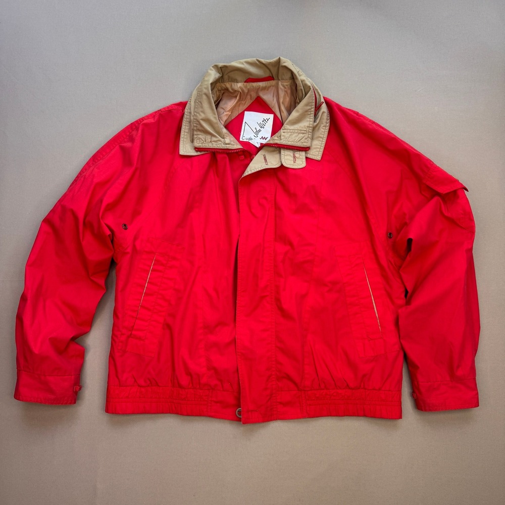 Vintage John Weitz Red Windbreaker Jacket Mens Medium Full Zip Tan Trim 10192